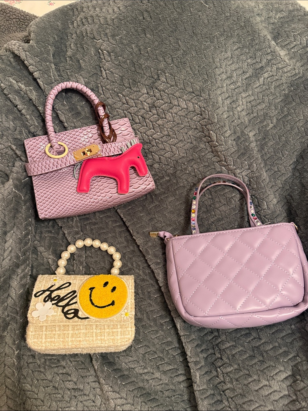 Lilac Quilted Mini Tote & Textured Pink Mini Bag with Pink Horse Charm